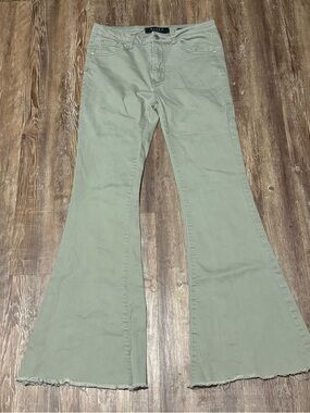 Risen Flare Jeans Women's 7/28 Mid Rise Frayed Hem in Olive Green Wash Denim